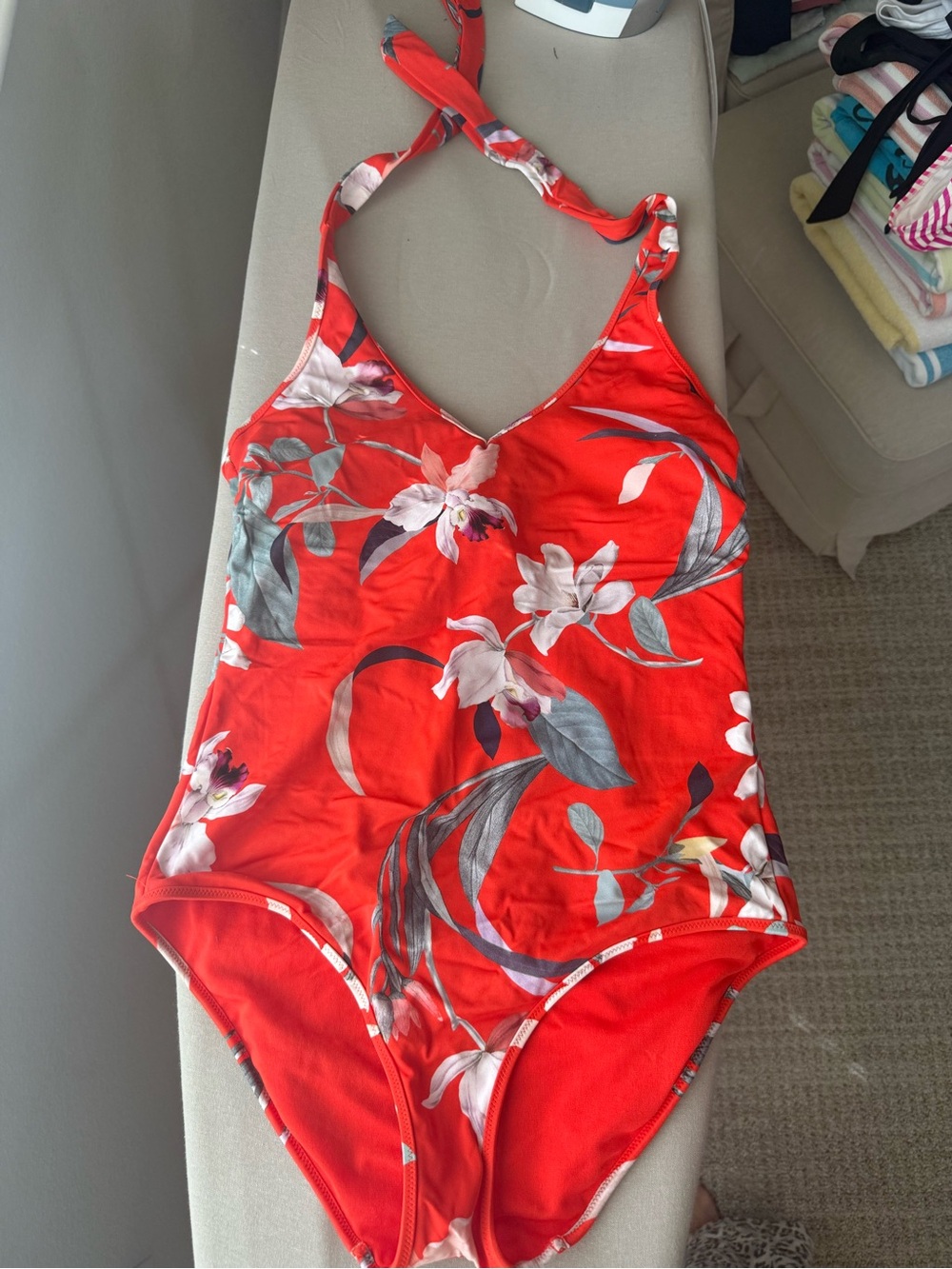 Athleta Red Floral Halter One-Piece Swim